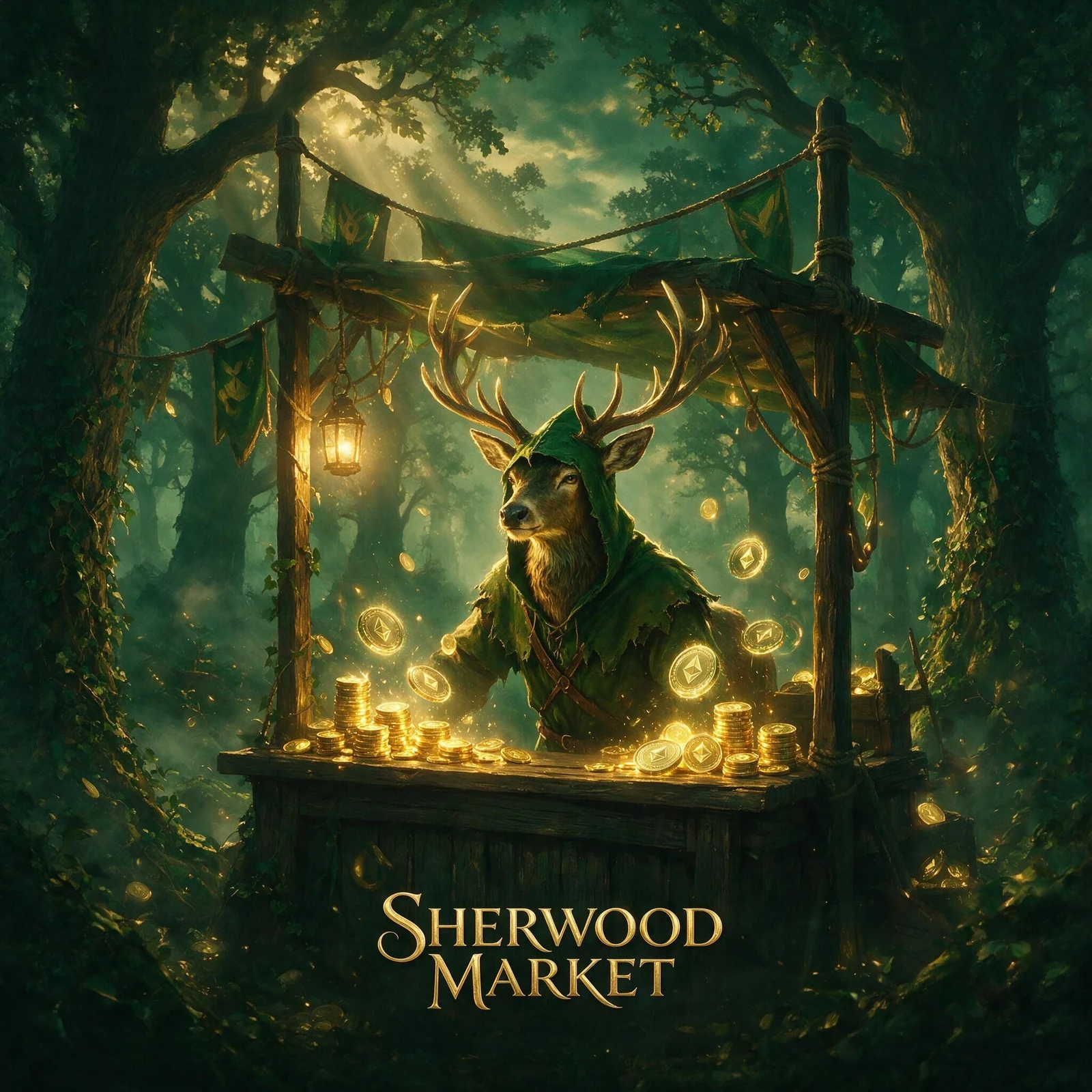 Sherwood Market — a hooded stag merchant trading tokens in the forest